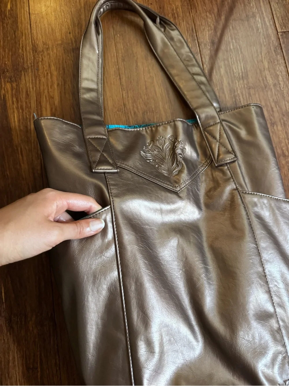 Retro Metallic Copper Brown Large Tote Bag Embossed Floral Teal Blue Print Purse
